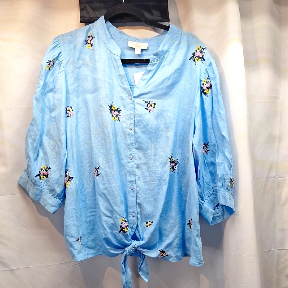 Charter Club Blue Puff Sleeve Blouse with Tie Front